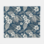 Navy Blue Hibiscus Monstera Tropical Botanical フリースブランケット (正面(横))
