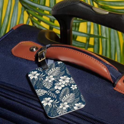 Navy Blue Hibiscus Monstera Tropical Botanical ラゲッジタグ (正面インサイチュ1)