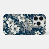 Navy Blue Hibiscus Monstera Tropical Botanical iPhoneケース (裏面横)