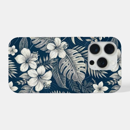 Navy Blue Hibiscus Monstera Tropical Botanical iPhoneケース (裏面横)