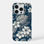 Navy Blue Hibiscus Monstera Tropical Botanical iPhoneケース (裏面)