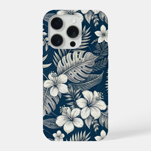 Navy Blue Hibiscus Monstera Tropical Botanical iPhoneケース (裏面)