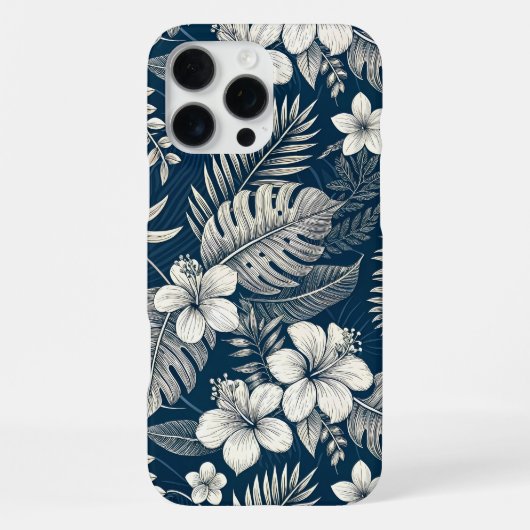 Navy Blue Hibiscus Monstera Tropical Botanical iPhoneケース (裏面)