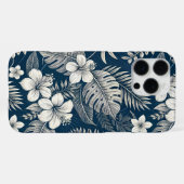 Navy Blue Hibiscus Monstera Tropical Botanical iPhoneケース (裏面横)