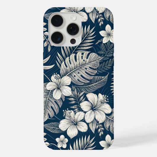Navy Blue Hibiscus Monstera Tropical Botanical iPhoneケース (裏面)