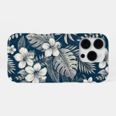Navy Blue Hibiscus Monstera Tropical Botanical iPhoneケース (裏面横)