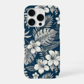 Navy Blue Hibiscus Monstera Tropical Botanical iPhoneケース (裏面)