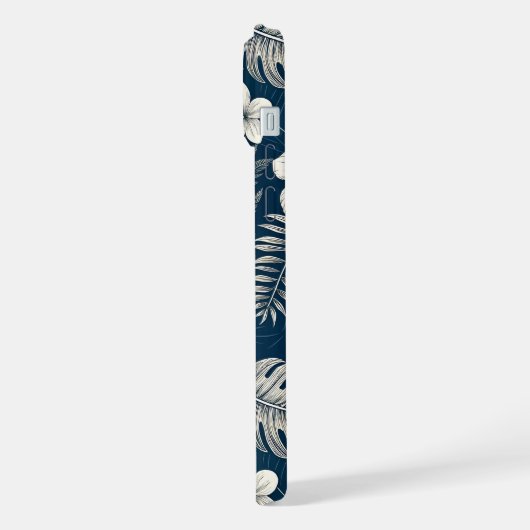 Navy Blue Hibiscus Monstera Tropical Botanical iPhoneケース (左側面)