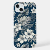 Navy Blue Hibiscus Monstera Tropical Botanical iPhoneケース (裏面)