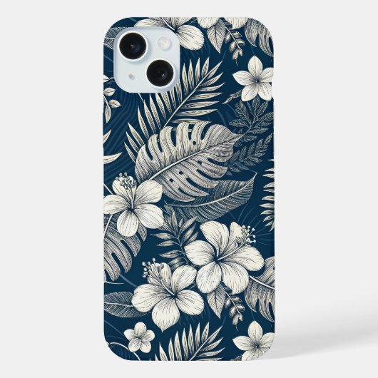 Navy Blue Hibiscus Monstera Tropical Botanical iPhoneケース (裏面)