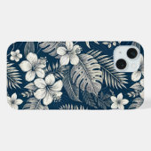 Navy Blue Hibiscus Monstera Tropical Botanical iPhoneケース (裏面横)