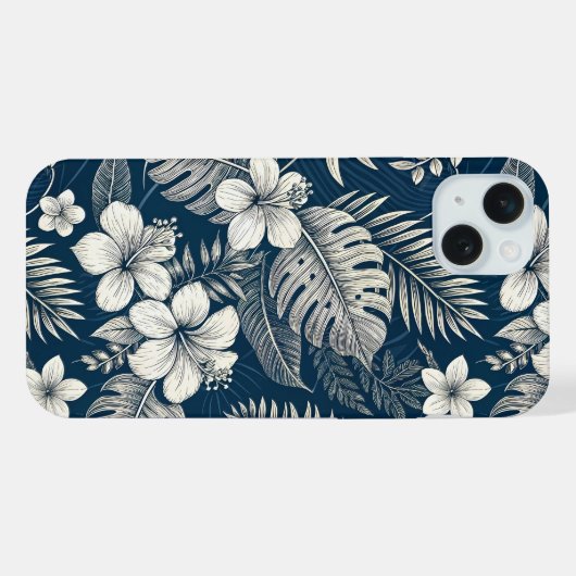 Navy Blue Hibiscus Monstera Tropical Botanical iPhoneケース (裏面横)