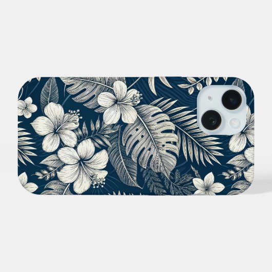 Navy Blue Hibiscus Monstera Tropical Botanical iPhone 15ケース (裏面横)