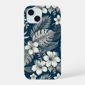 Navy Blue Hibiscus Monstera Tropical Botanical iPhone 15ケース (裏面)