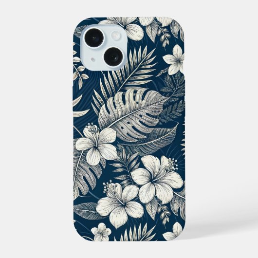 Navy Blue Hibiscus Monstera Tropical Botanical iPhone 15ケース (裏面)
