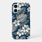 Navy Blue Hibiscus Monstera Tropical Botanical iPhone 16ケース (裏面)