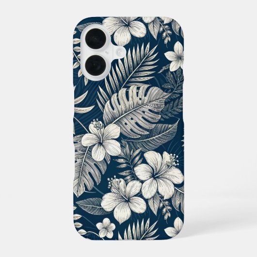 Navy Blue Hibiscus Monstera Tropical Botanical iPhone 16ケース (裏面)