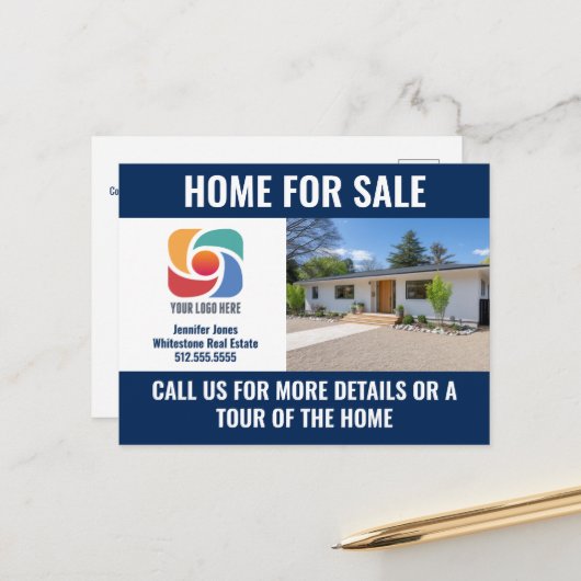 Navy Blue Home for Sale Real Estate Company Logo ポストカード (正面/裏面インサイチュ)