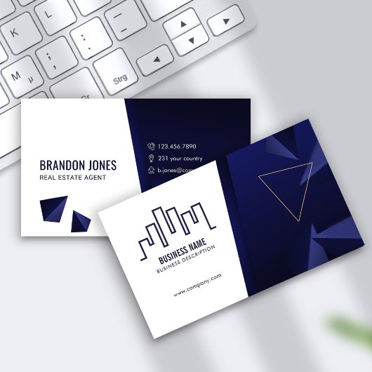 Navy Blue House Logo and White, Real Estate Agent 名刺