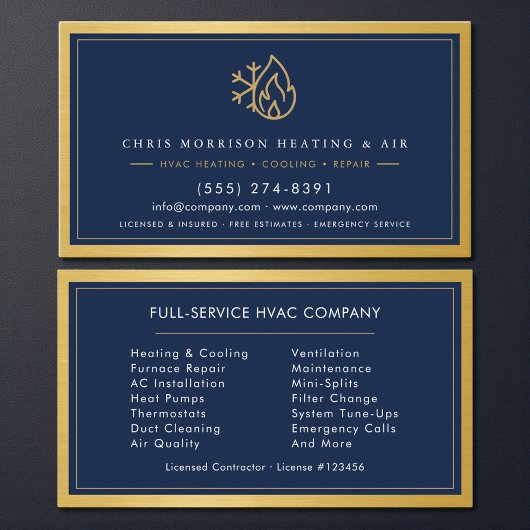 Navy Blue HVAC Company QR Code Gold Metallic 名刺