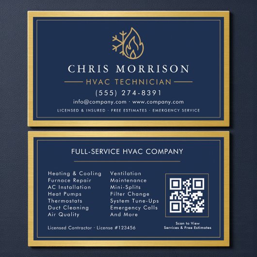 Navy Blue HVAC Contractor QR Code Gold Metallic 名刺