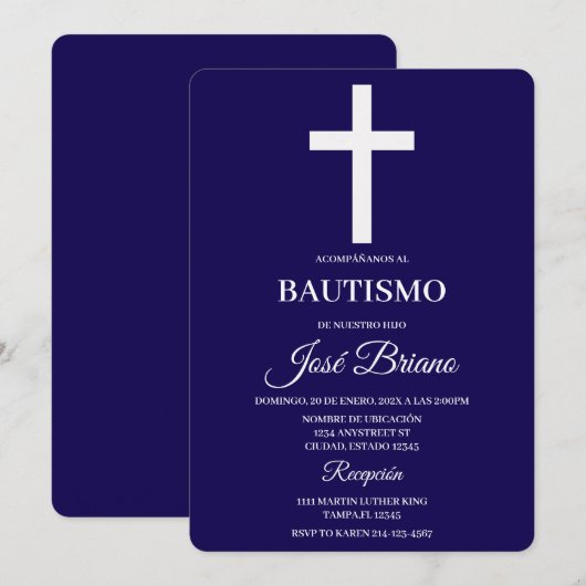 Navy blue in Spanish Baptism 招待状 (正面/裏面)