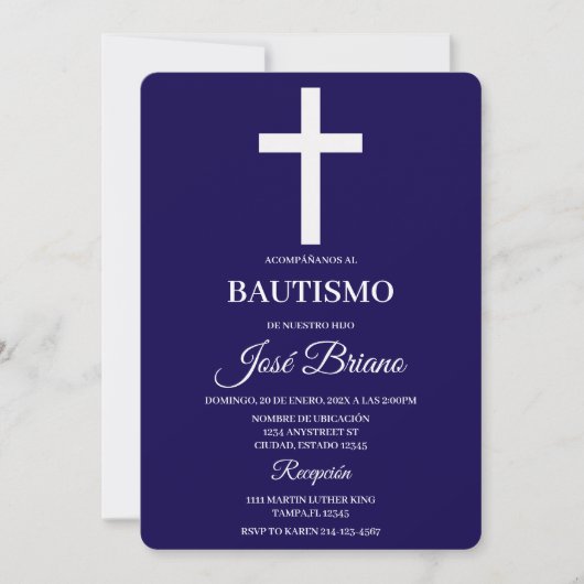 Navy blue in Spanish Baptism 招待状 (正面)