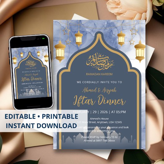 Navy Blue Ink & Gold Frame Iftar Invitation 招待状