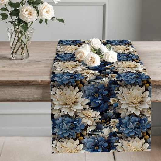 Navy blue ivory floral stylish elegant dining   ロングテーブルランナー