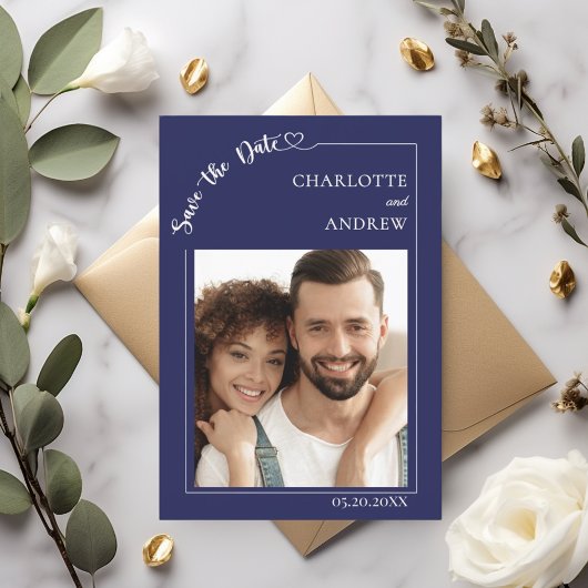 Navy blue ivory photo wedding Save the Date セーブザデート