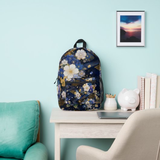 Navy Blue Japanese Sakura Kimono Backpack プリントバックパック (インサイチュ)