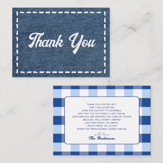 Navy Blue Jean Baby Boy Baby Shower Thank You ノートカード (正面/裏面)