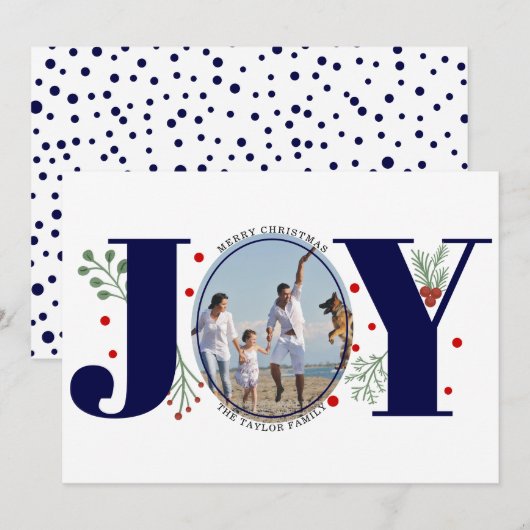 Navy blue Joyとベリーのクリスマスフォト シーズンカード (正面/裏面)