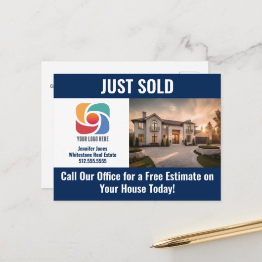 Navy Blue Just Sold Real Estate Company Logo ポストカード (正面/裏面インサイチュ)