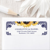 Navy Blue Lace Rustic Sunflower Return Address ラベル (インサイチュ)