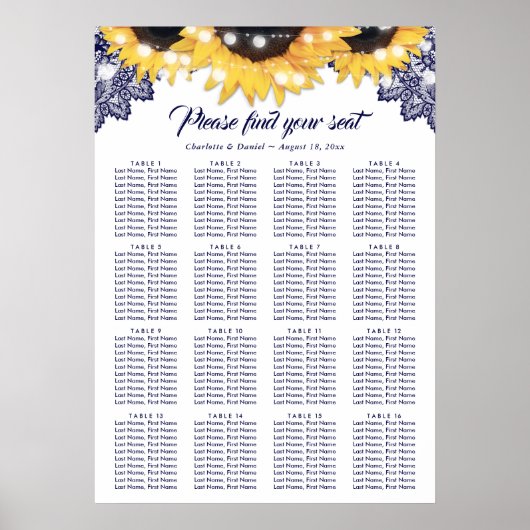 Navy Blue Lace Sunflower Wedding Seating Chart 16 ポスター (正面)