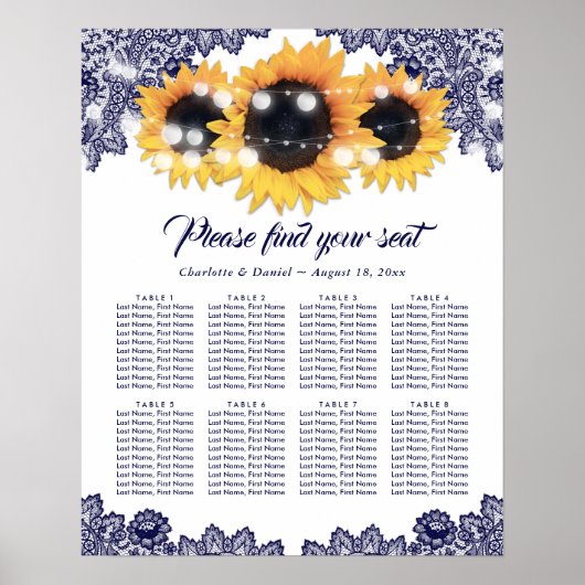 Navy Blue Lace Sunflower Wedding Seating Chart 8 ポスター (正面)