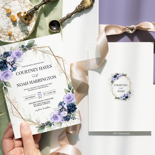 Navy Blue Lavender Purple Gold Geometric Wedding 招待状
