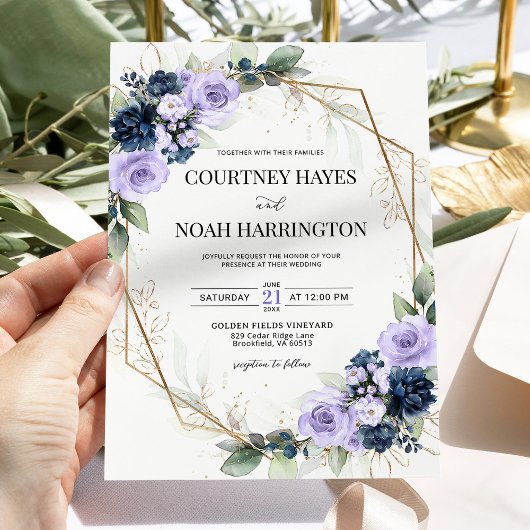 Navy Blue Lavender Purple Gold Geometric Wedding 招待状