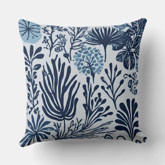 Navy Blue Light Blue Botanical Design クッション (裏面)