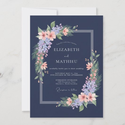 Navy Blue Lilac Blossom Romantic Wedding 招待状 (正面)