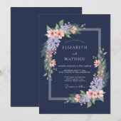 Navy Blue Lilac Blossom Romantic Wedding 招待状 (正面/裏面)