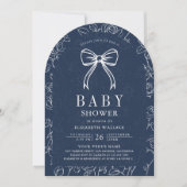 Navy Blue Line Art Coquette Bow Baby Shower 招待状 (正面)