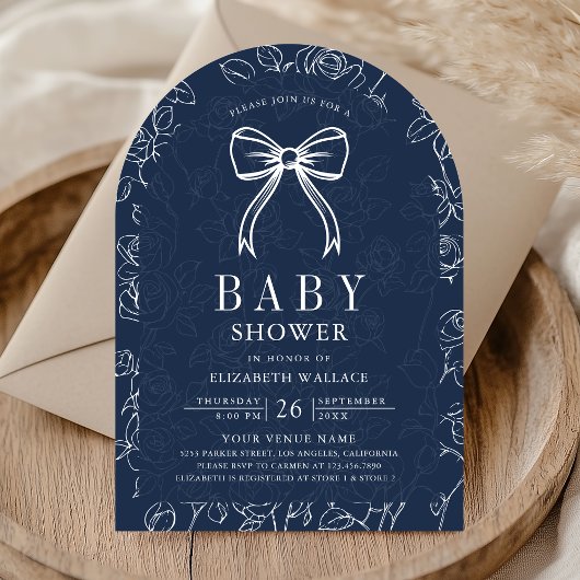 Navy Blue Line Art Coquette Bow Baby Shower 招待状
