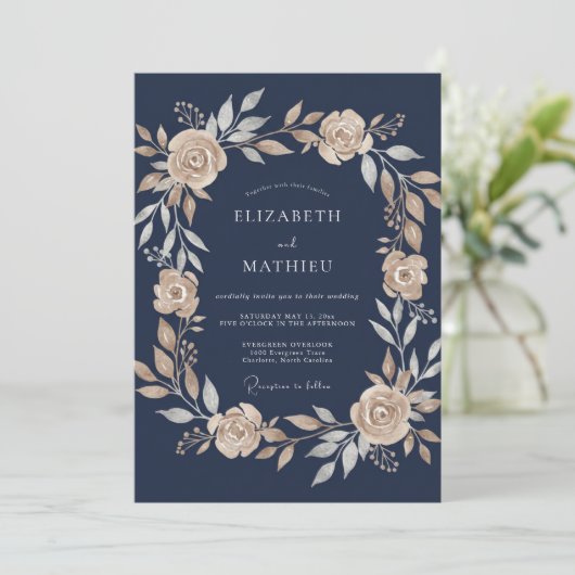 Navy Blue Luminous Botanical Wedding 招待状 (スタンド正面)