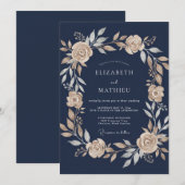 Navy Blue Luminous Botanical Wedding 招待状 (正面/裏面)