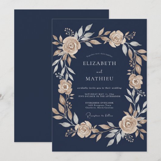 Navy Blue Luminous Botanical Wedding 招待状 (正面/裏面)