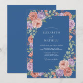 Navy Blue Luminous Spring Wedding 招待状 (正面/裏面)