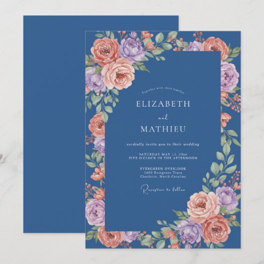 Navy Blue Luminous Spring Wedding 招待状 (正面/裏面)