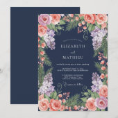 Navy Blue Lush Elegant Wedding 招待状 (正面/裏面)